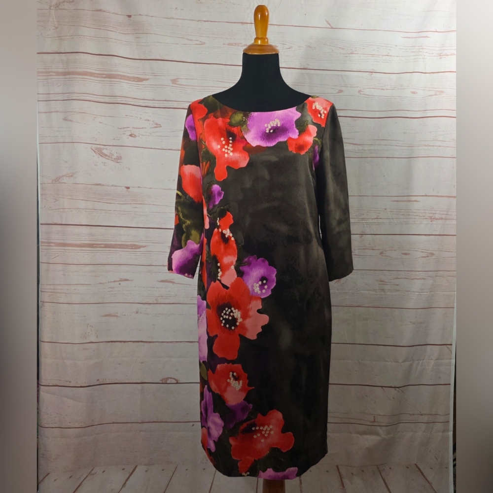 St. John Black Dress with Red and Purple Floral Design